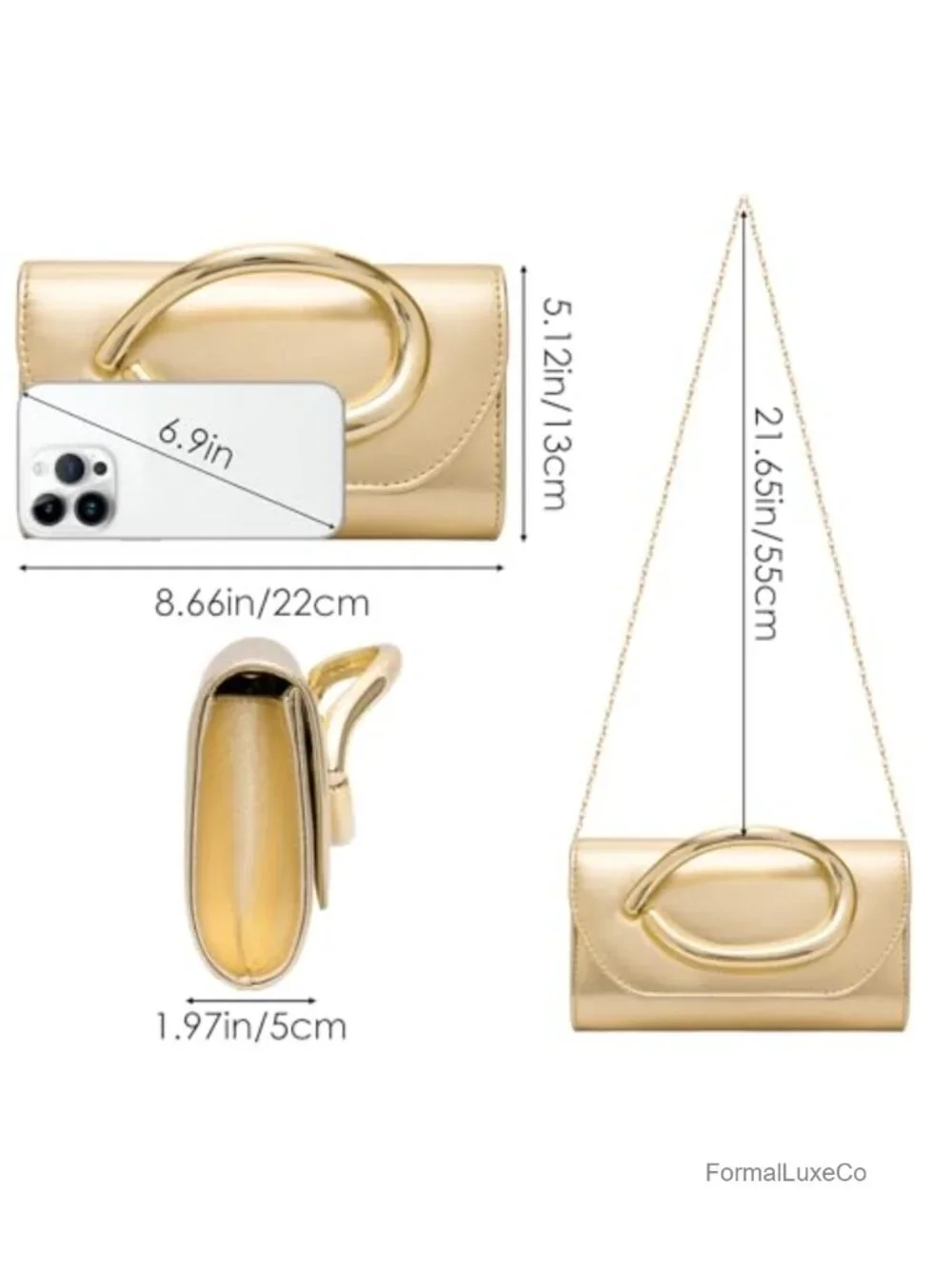 Faux Leather Evening Clutch with 3D Gold Handle and Chain for Weddings